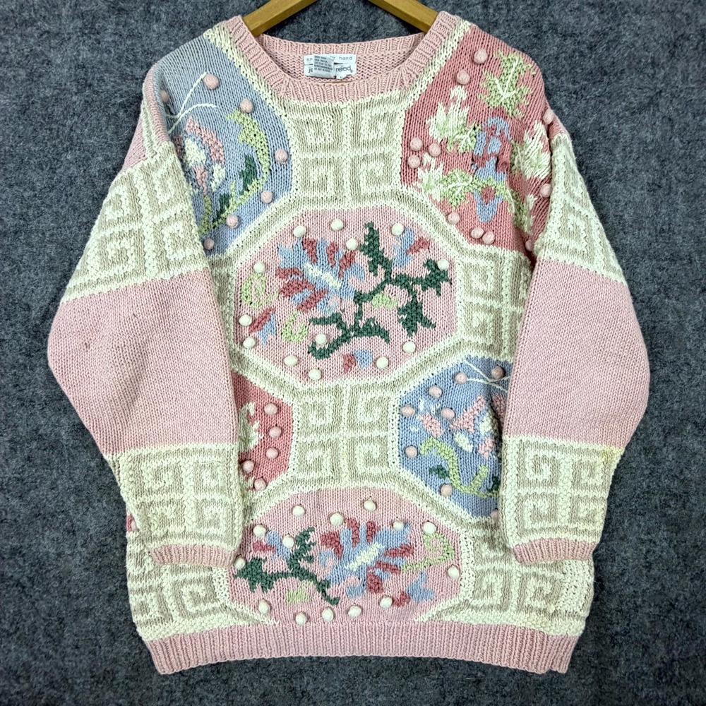 Vintage Jennifer Reed Hand Knit Sweater Women L Pink 3D Dots Cottage Grandma 80s